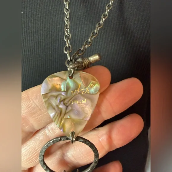 Silver and Abalone Fender Guitar Pick Pendant Necklace 🤍 Cross Heart and Clover - Picture 2 of 6
